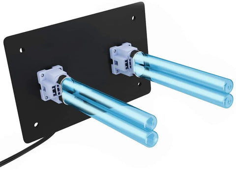 UV Dual Light Bulbs In Duct HVAC Air Purifier Breathe Easy For Your Whole House Purification UVC Germicidal 253.7nm Bulbs With 120V Plug And 9 Foot Power Cord For Easy Duct Install shown installed in a metal mount