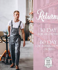 Man in overalls uses a pallet jack in warehouse; Returns policy for 30-day UK orders and 60-day international orders, Melody Jane logo.
