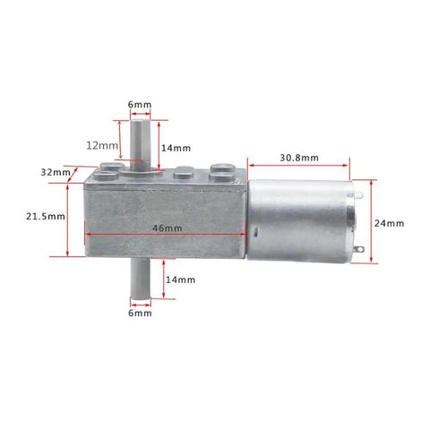Side view of 12V DC Worm Gear Motor With Dual Output Shafts Dope Torque, showing dimensions and compact design.