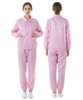 Women Anti Static Esd Cleanroom Uniform Jacket And Pants Set Real American Cut Heavy Duty Dust Proof Workwear With Conductive Grid Fabric For Tech Labs And Manufacturing in pink, shown from front and back views.