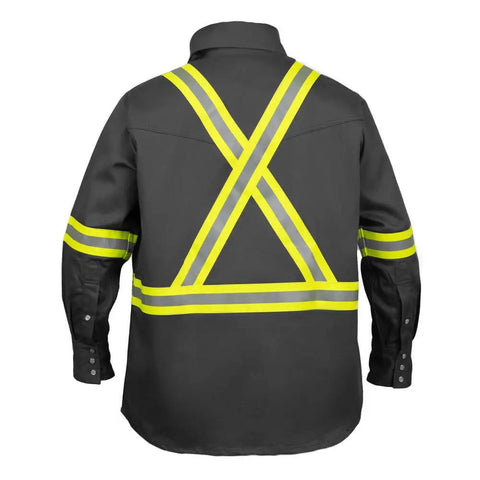 Back view of Hi Vis Flame Resistant Shirt For On The Job Protection, Arc Flash Ready, 7 Oz 100% Cotton, NFPA 2112 HRC 2, ATPV 11 Cal, Large Size