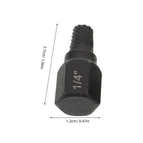 Hot 5 Piece Black Carbon Steel Bolt Extractor Kit For Broken Screw Removal Tool Set With Precision Hex Grip 1/8 To 1/4 Inch Size close-up, 1/4-inch extractor