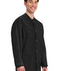 Mens Scrub Jacket With Snap Front And Three Pockets Knit Cuffs Fade Resistant Two Way Stretch Fabric Black worn by model