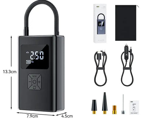 Plug And Play 150 Psi Tire Inflator Fast Fill Air Compressor Digital Gauge Auto Shut Off Pocket Power Tool with digital display and accessories.