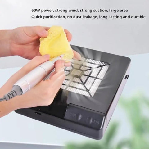 Heavy Duty Soldering Fume Extractor With Flex Hose Knocks Fumes Out Clean Slick Dust Catcher for nail grinding and board repairs, close-up view with sponge.