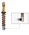Mollom 1-1/4 in carbide hole saw, side view with 2 pilot bits; inset shows threaded arbor
