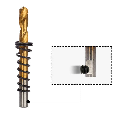 Mollom 1-1/4 in carbide hole saw, side view with 2 pilot bits; inset shows threaded arbor