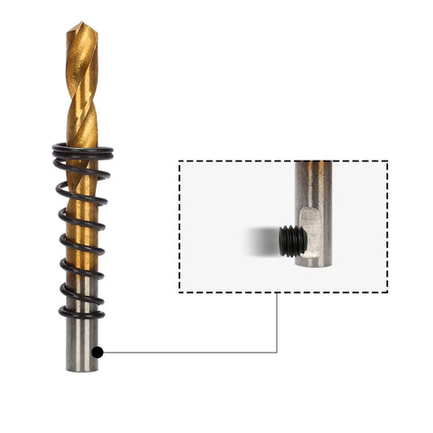 Close-up of Beefy Heavy Duty Carbide Hole Saw Kit pilot bit with tungsten carbide teeth for stainless steel and plastic.