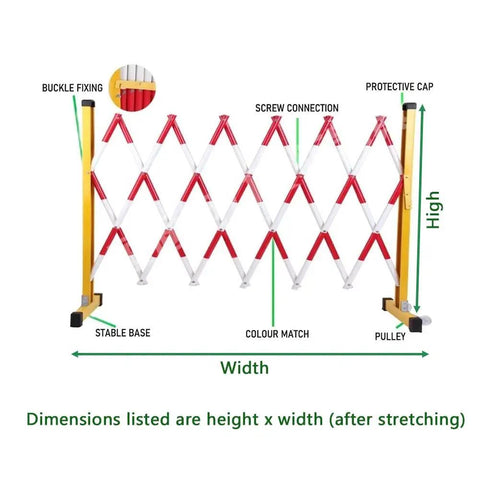 Heavy Duty Expandable Traffic Fence Slick Rolling Pedestrian Safety Barrier, red and white barricade with stable base.