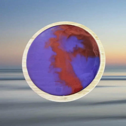 Dope 14 Inch Bamboo And Resin Lazy Susan Rotating Serving Tray featuring vibrant red and purple swirl design against a blurred background