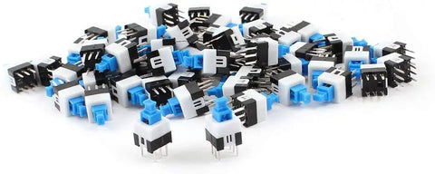 80 Piece DPDT Self Locking 6 Pin Micro Push Button Switch Set, Power Latching Buttons, scattered view of switches
