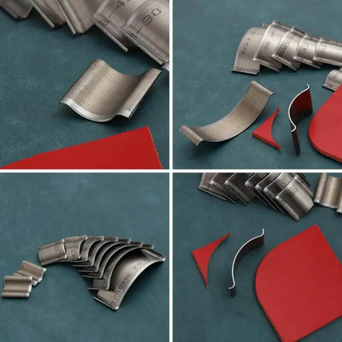 Leather Corner Punch And Round Cutter Kit For Belts And Watch Straps with dies and tools for leatherworking, showing metal and red dies.
