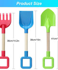 Red rake, blue scoop, green shovel from 16 Inch Kids Beach Shovel Set 3 Pack With Solid Wood Handles ABS Plastic Digging Spades Rakes And Scoops For Sandbox Snow Backyard Gardening Summer Outdoor Toys Blue Green Red