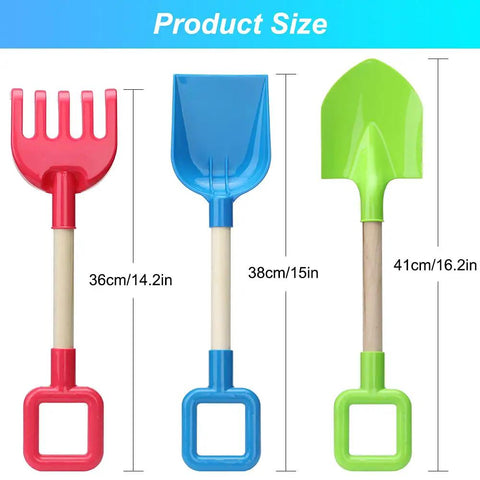 Red rake, blue scoop, green shovel from 16 Inch Kids Beach Shovel Set 3 Pack With Solid Wood Handles ABS Plastic Digging Spades Rakes And Scoops For Sandbox Snow Backyard Gardening Summer Outdoor Toys Blue Green Red