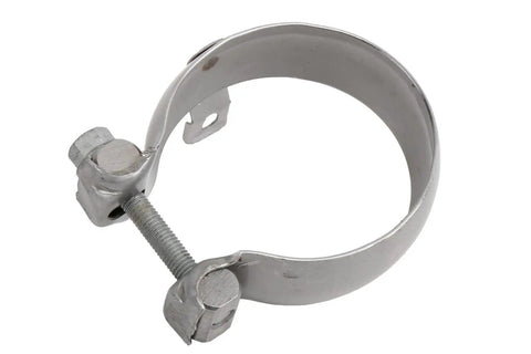 Front view of GM Exhaust Pipe Clamp 20779889 Heavy Duty Automotive Exhaust Connection Clamp made of durable metal for leak prevention.