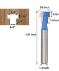 Essential 1/4 Inch Shank Keyhole Router Bit Set With T Slot And T Track Cutters, dimensions shown on wooden piece.