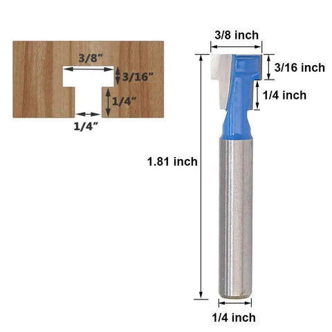 Essential 1/4 Inch Shank Keyhole Router Bit Set With T Slot And T Track Cutters, dimensions shown on wooden piece.