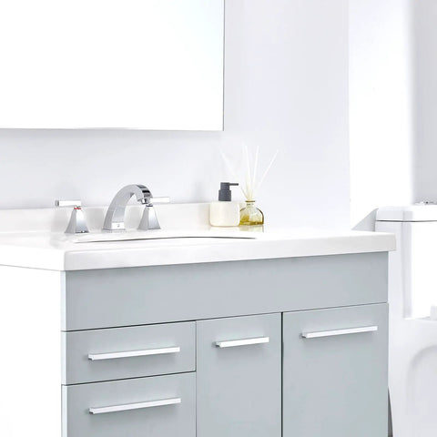 Widespread 8 Inch Bathroom Faucet With 2 Handles, 3-Hole Lavatory Sink Mixer In Chrome on modern white vanity countertop.