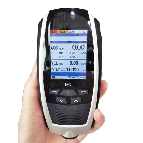 Badass Handheld Vibration Tester Built Tough For Dead Simple Acceleration Velocity And Displacement Testing displayed in hand.