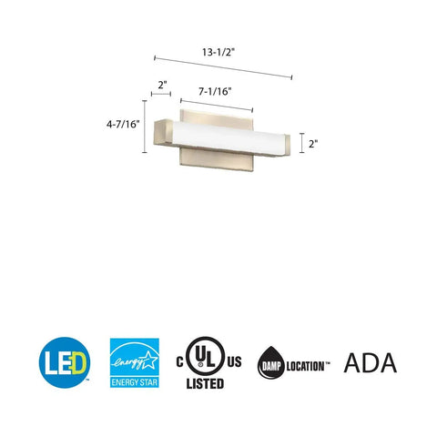 12 Inch MVOLT Vanity Light Fixture With Switchable Color Temperature 3000K 3500K 4000K, 90 CRI, Brushed Nickel Finish dimensions