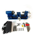 Compact Mini Metal Lathe For Benchtop Use With 3 Jaw Chuck And Tailstock, blue metal design with tools and power supply.