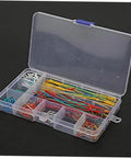 Complete Breadboard Jumper Wire Kit With 560 Piece Solderless Cables In Multicolored Assorted Lengths Plus Sturdy Storage Box visible in clear organizer.