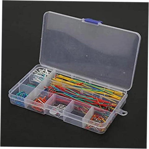 Complete Breadboard Jumper Wire Kit With 560 Piece Solderless Cables In Multicolored Assorted Lengths Plus Sturdy Storage Box visible in clear organizer.