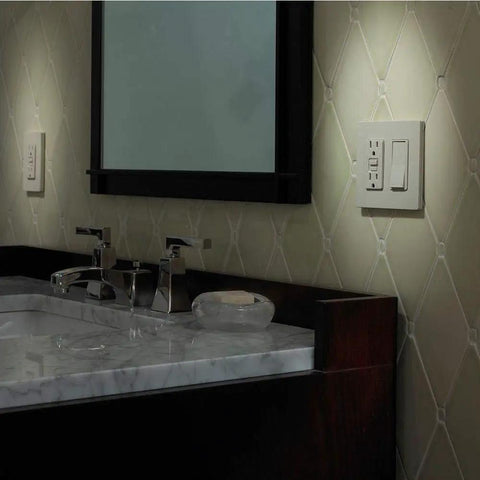 Bathroom with Claro On Off Light Switch 15 Amp Single Pole Black CA-1PS-BL Decorator Style on tiled wall near vanity