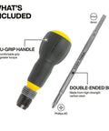 Smooth Operator Fastbit Screwdriver With Tru Grip Ball Handle Quick Release Collar and Hella Comfortable Double Ended Phillips Plus Six Millimeter Slotted Quarter Inch Hex Driver with Tru Grip handle and double-ended bit.