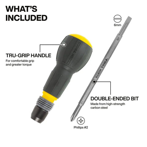 Smooth Operator Fastbit Screwdriver With Tru Grip Ball Handle Quick Release Collar and Hella Comfortable Double Ended Phillips Plus Six Millimeter Slotted Quarter Inch Hex Driver with Tru Grip handle and double-ended bit.