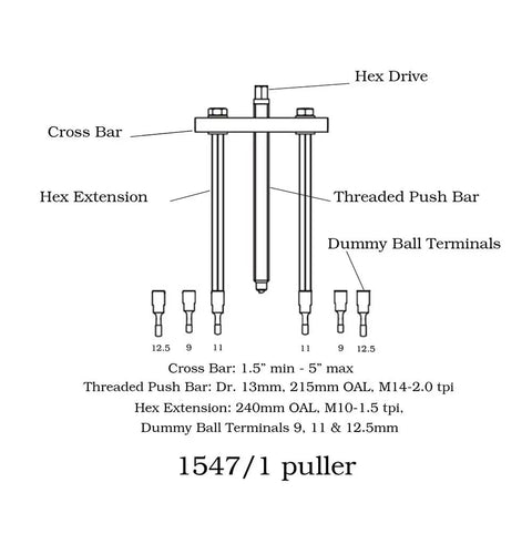 Diagram of Pro Grade Universal Ball Bearing Extractor Set for Safe Easy Bearing Removal in Housings with labeled parts.