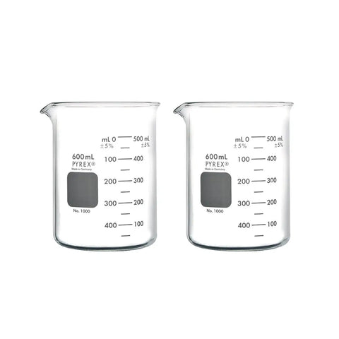 Griffin Borosilicate Glass Beaker Low Form With Pouring Spout 600 mL Two Pack, shown with clear metric markings.