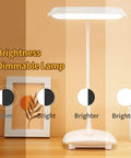 Cordless Desk Lamp With 40 LED Panel, Rechargeable Big Battery, Touch Dimmer, shown on desk with brightness levels display