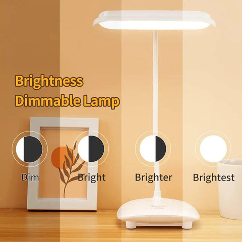 Cordless Desk Lamp With 40 LED Panel, Rechargeable Big Battery, Touch Dimmer, shown on desk with brightness levels display