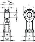 Si 30 K-F 30mm Bore M27x2 Metric Spherical Rod End Self Lubricating Ball Joint Bearing detailed technical drawing with dimensions.
