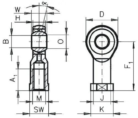 Si 30 K-F 30mm Bore M27x2 Metric Spherical Rod End Self Lubricating Ball Joint Bearing detailed technical drawing with dimensions.