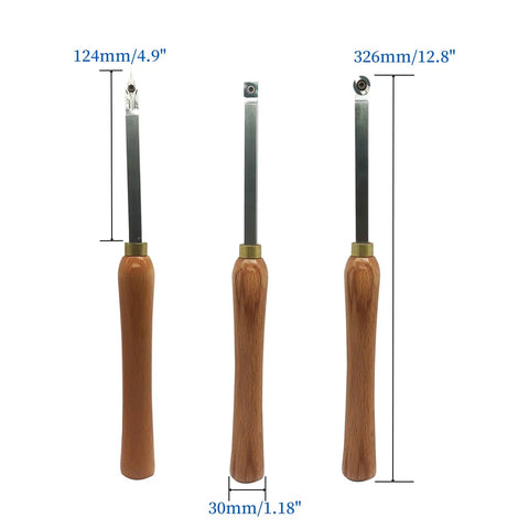 Rugged Woodturning Carbide Lathe Tool Set Of 3 With 6 Carbide Inserts, showing different sizes and beech wood handles.