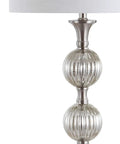 Close-up of fluted ball base on Mercury Silver Glass LED Floor Lamp With White Linen Drum Shade 60.5 Inch Tall Dope Contemporary