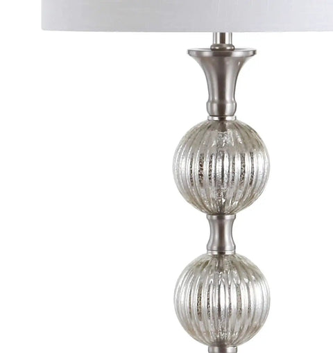 Close-up of fluted ball base on Mercury Silver Glass LED Floor Lamp With White Linen Drum Shade 60.5 Inch Tall Dope Contemporary