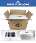 4 Pack LiFePO4 Deep Cycle Batteries 12V 330Ah MB31 Cells With Double Hole Studs showing protective packing in cardboard box.