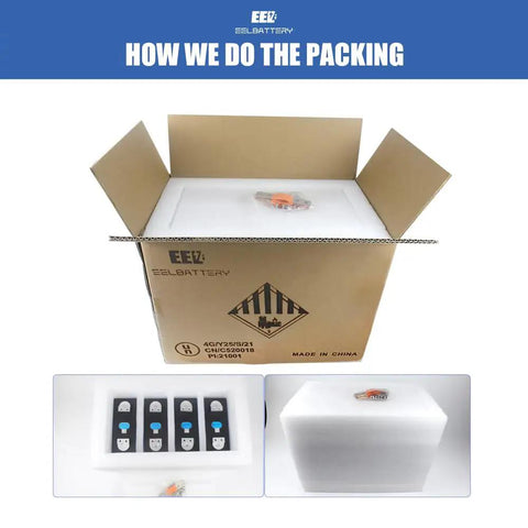 4 Pack LiFePO4 Deep Cycle Batteries 12V 330Ah MB31 Cells With Double Hole Studs showing protective packing in cardboard box.