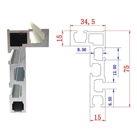 Cross-section and technical diagram of 75 Type T Slot Miter Track For Woodworking, 1200mm aluminum alloy T track, showing dimensions.