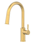 Torak Filter Faucet in spot free brushed brass finish, sleek kitchen sink design with high arc spout and lever handle.