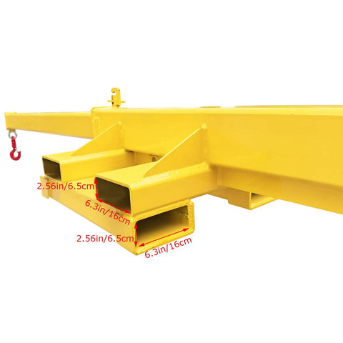 Close-up view of Heavy Duty Dual Direction Forklift Jib Crane's yellow steel attachment with measurement details.