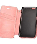 Pink leather phone wallet case open showing card slots and black inner sleeve