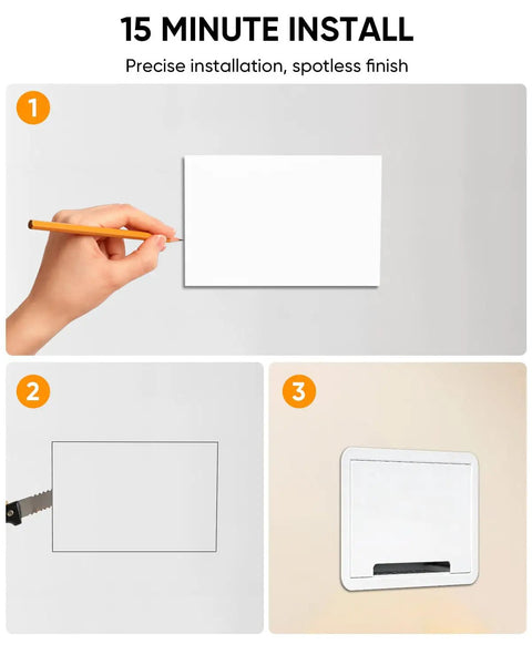 3-step installation process for Stress Free Install Recessed Tv Media Box, showing cutting and finished wall fit.
