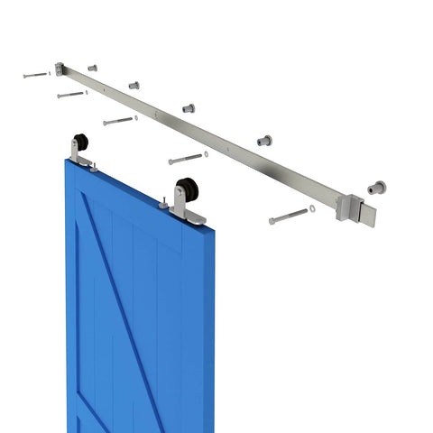 Brushed Nickel Sliding Barn Door Hardware Kit With Flat Track And Top Mounted Rollers, 6.6Ft Rail installation view