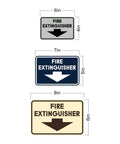 Three fire extinguisher signs in different colors and sizes showing dimensions for Classic Framed Fire Extinguisher Sign In Brushed Gold Small Size No Tools Needed Wall Mount Easy Adhesive Installation Durable Plastic For Office School And Commercial Spaces.