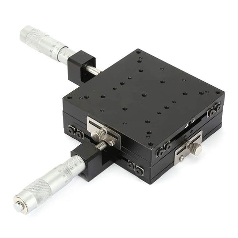 Workhorse Aluminum XY Axis Linear Stages With Micrometer Manual Slide Table 100mm By 100mm By 40mm Black Anodized Roller Track, dual micrometers