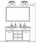 Illustration showing installation of Two Light Coastal Bath Vanity Fixture With Clear Double Prismatic Glass Shades In Antique Nickel Archie Collection Vintage Vibe Bathroom Light Fixture above a double sink vanity.